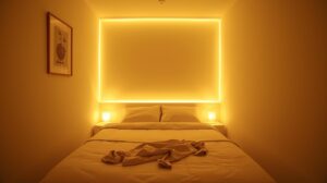 interior kamar tidur mungil dengan dinding warna krem hangat, pencahayaan lampu kuning lembut, suasana nyaman dan luas