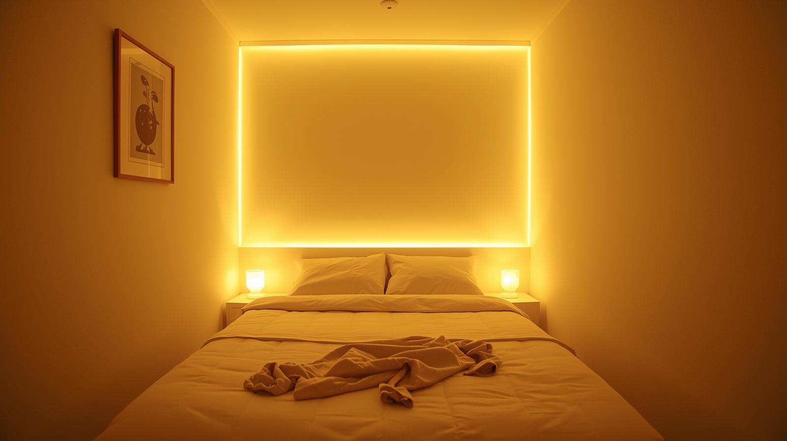 interior kamar tidur mungil dengan dinding warna krem hangat, pencahayaan lampu kuning lembut, suasana nyaman dan luas
